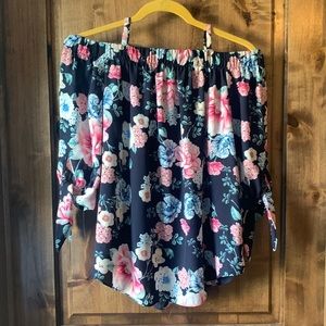 Navy and floral off-the-shoulder, 3/4 sleeve